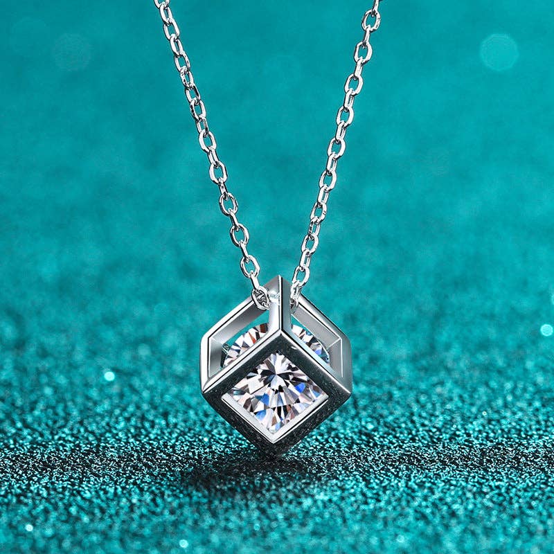 Magic Cube Moissanite Charm Necklace in 925 Sterling Silver: Box Chain / 0.5 ct