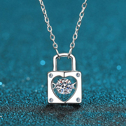 Moissanite Heart Lock Charm Necklace in 925 Sterling Silver