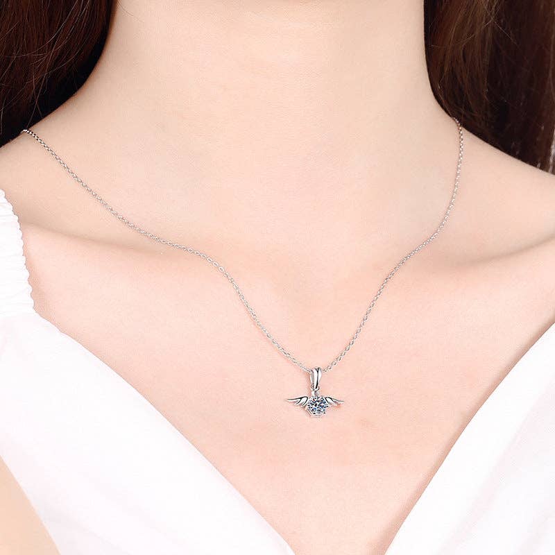 Angel Wing Moissanite Charm Necklace in 925 Sterling Silver