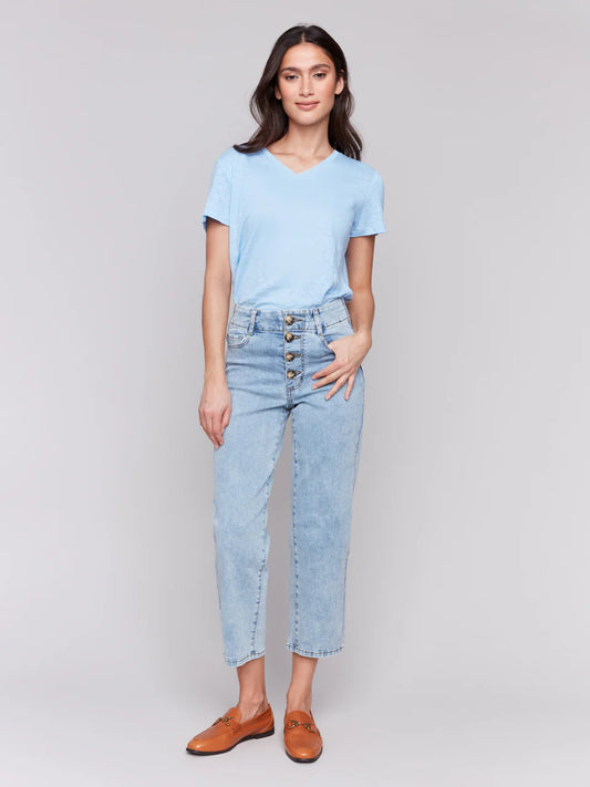 Front Button Fly Straight Crop Leg Jean