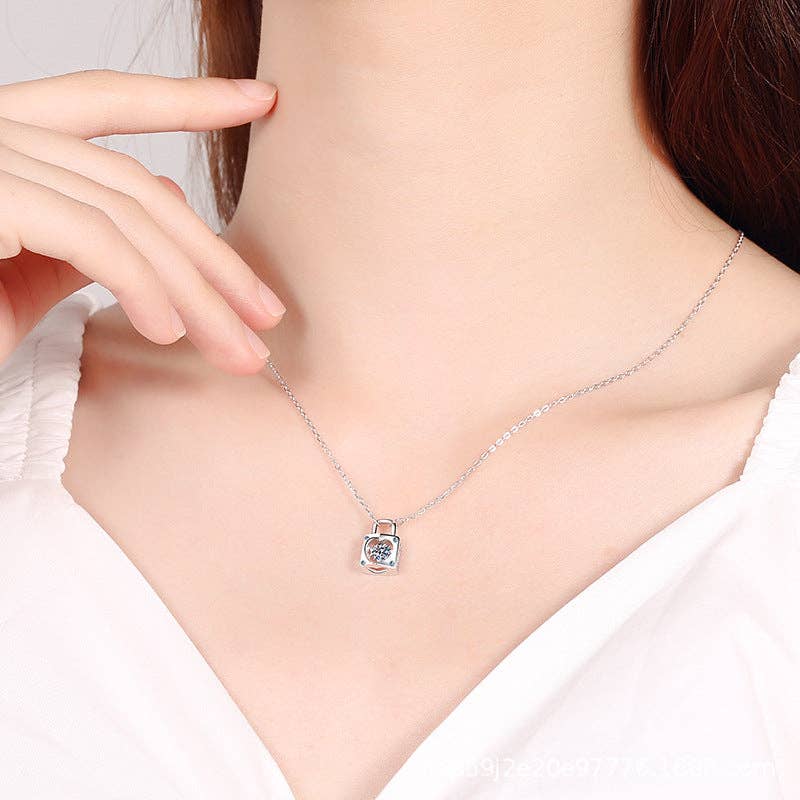 Moissanite Heart Lock Charm Necklace in 925 Sterling Silver