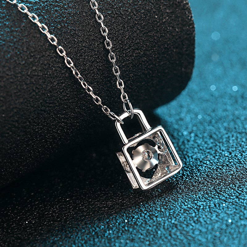 Moissanite Heart Lock Charm Necklace in 925 Sterling Silver